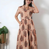 Beige tie and dye butta cotton button down midi dress
