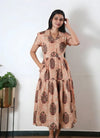 Beige tie and dye butta cotton button down midi dress