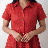 Tomato red cotton button down midi dress