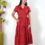 Tomato red cotton button down midi dress