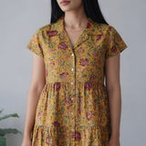 Mustard and pink cotton button down midi dress