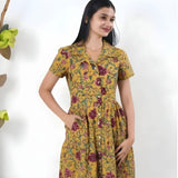 Mustard and pink cotton button down midi dress