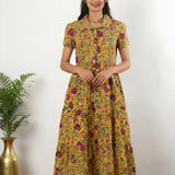 Mustard and pink cotton button down midi dress