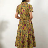 Mustard and pink cotton button down midi dress