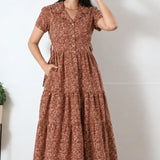 Rust brown cotton button down midi dress