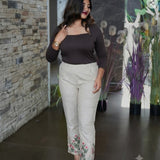 Beige bottom embroidered cotton pants -Wild