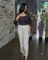 Beige bottom embroidered cotton pants -Wild