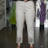Beige bottom embroidered cotton pants -Wild