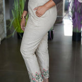 Beige bottom embroidered cotton pants -Wild