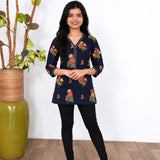 V neck cotton short kurti -Navy sequin