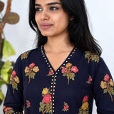 V neck cotton short kurti -Navy sequin