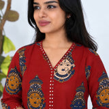 V neck cotton short kurti - Red kalamkari