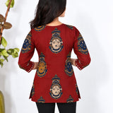 V neck cotton short kurti - Red kalamkari