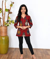 V neck cotton short kurti - Red kalamkari