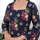 Square neck cotton short kurti -Navy swan