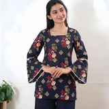 Square neck cotton short kurti -Navy swan