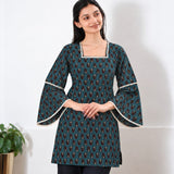 Square neck cotton short kurti -Turquoise