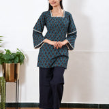 Square neck cotton short kurti -Turquoise