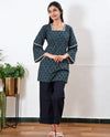 Square neck cotton short kurti -Turquoise