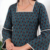 Square neck cotton short kurti -Turquoise