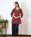 Round neck cotton short kurti - Deep red