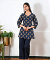 Round neck cotton short kurti - Navy butta