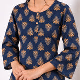 Round neck cotton short kurti - Navy butta