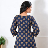 Round neck cotton short kurti - Navy butta
