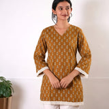 V neck cotton short kurti - Brown