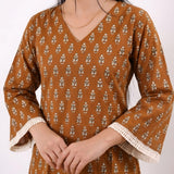 V neck cotton short kurti - Brown