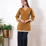 V neck cotton short kurti - Brown
