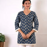 V neck cotton short kurti - Powder blue