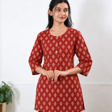 Round neck cotton short kurti - Orange