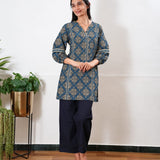 Mandarin collar cotton short kurti -Navy kollam