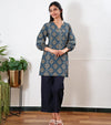 Mandarin collar cotton short kurti -Navy kollam