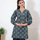 Mandarin collar cotton short kurti -Navy kollam