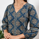 Mandarin collar cotton short kurti -Navy kollam