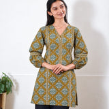 Mandarin collar cotton short kurti -Mustard kollam