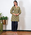 Mandarin collar cotton short kurti -Mustard kollam