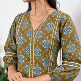 Mandarin collar cotton short kurti -Mustard kollam