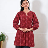 Mandarin collar cotton short kurti -Tomato red