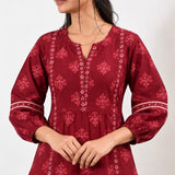 Mandarin collar cotton short kurti -Tomato red