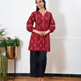 Mandarin collar cotton short kurti -Tomato red