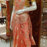 Coral tissue saree with brocade blouse