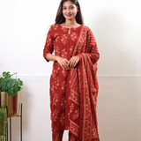 Deep maroon floral cotton suit set